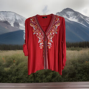 Andree 2X Red Beautiful Floral Embroidery Top Flared With Slits 3/4 Roll Tab Sl.